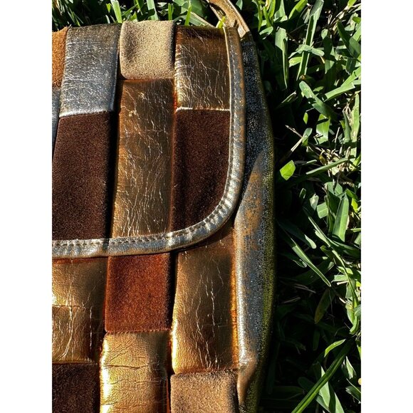 VTG 1980's Metallic Patchwork Leather Crossbody Bag Boho Purse Distressed Suede - Picture 3 of 12